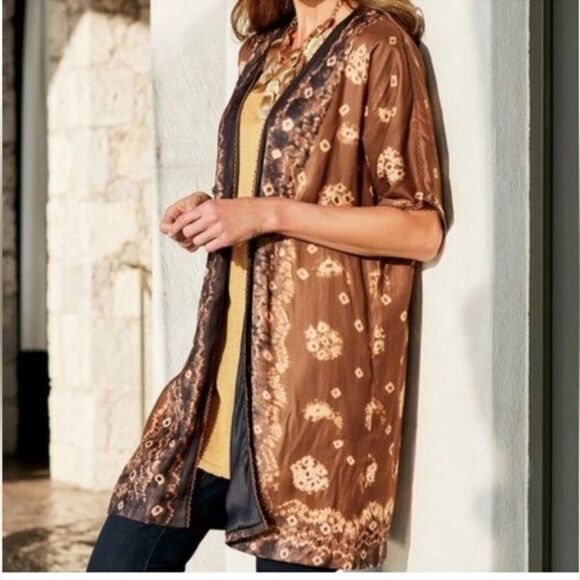 Soft Surroundings Radiant Splendor Topper Kimono Medium Black Brown Kimono Robe - Picture 2 of 8